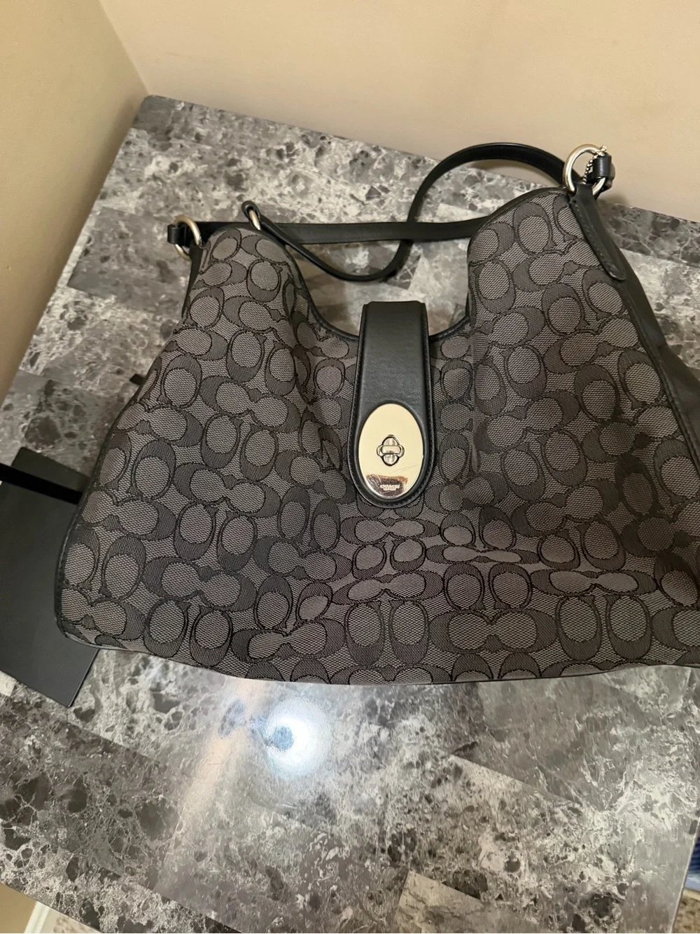 Coach Carlyle shoulder leather monogram canvas turn lock bag